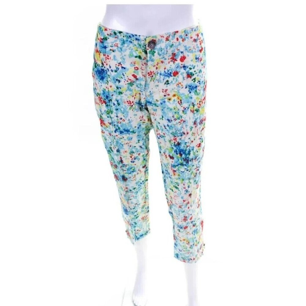 Nanette Lepore Womens Capri Crop Blue Floral Pants Size 10 Zipper Hem Stretch
